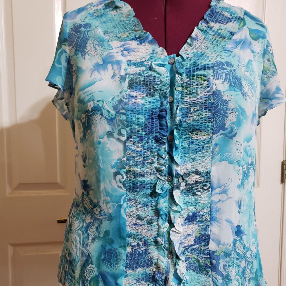 Coldwater Creek 1X Blue Floral Button Blouse